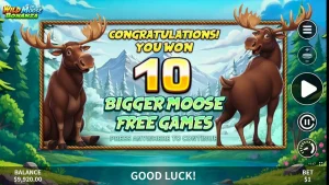 Tampilan visual slot Wild Moose Bonanza dengan latar belakang hutan dan simbol bertema alam